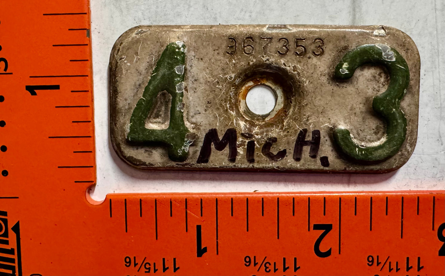 1943 Michigan #967353 Passenger License Plate Date Tab