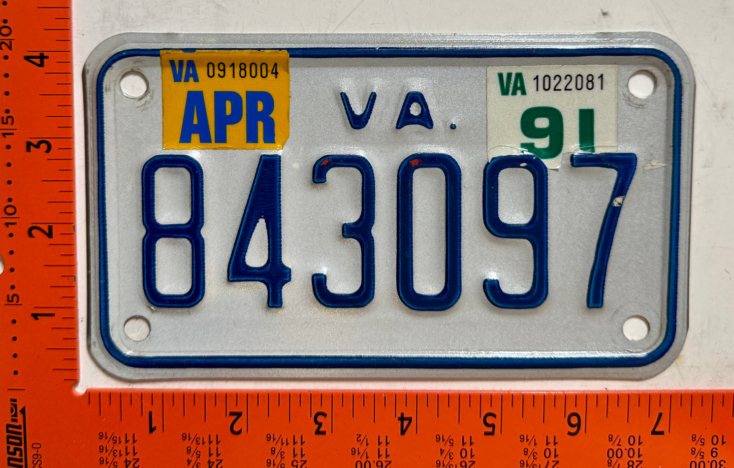 1991 Virginia #843097 Motorcycle License Plate