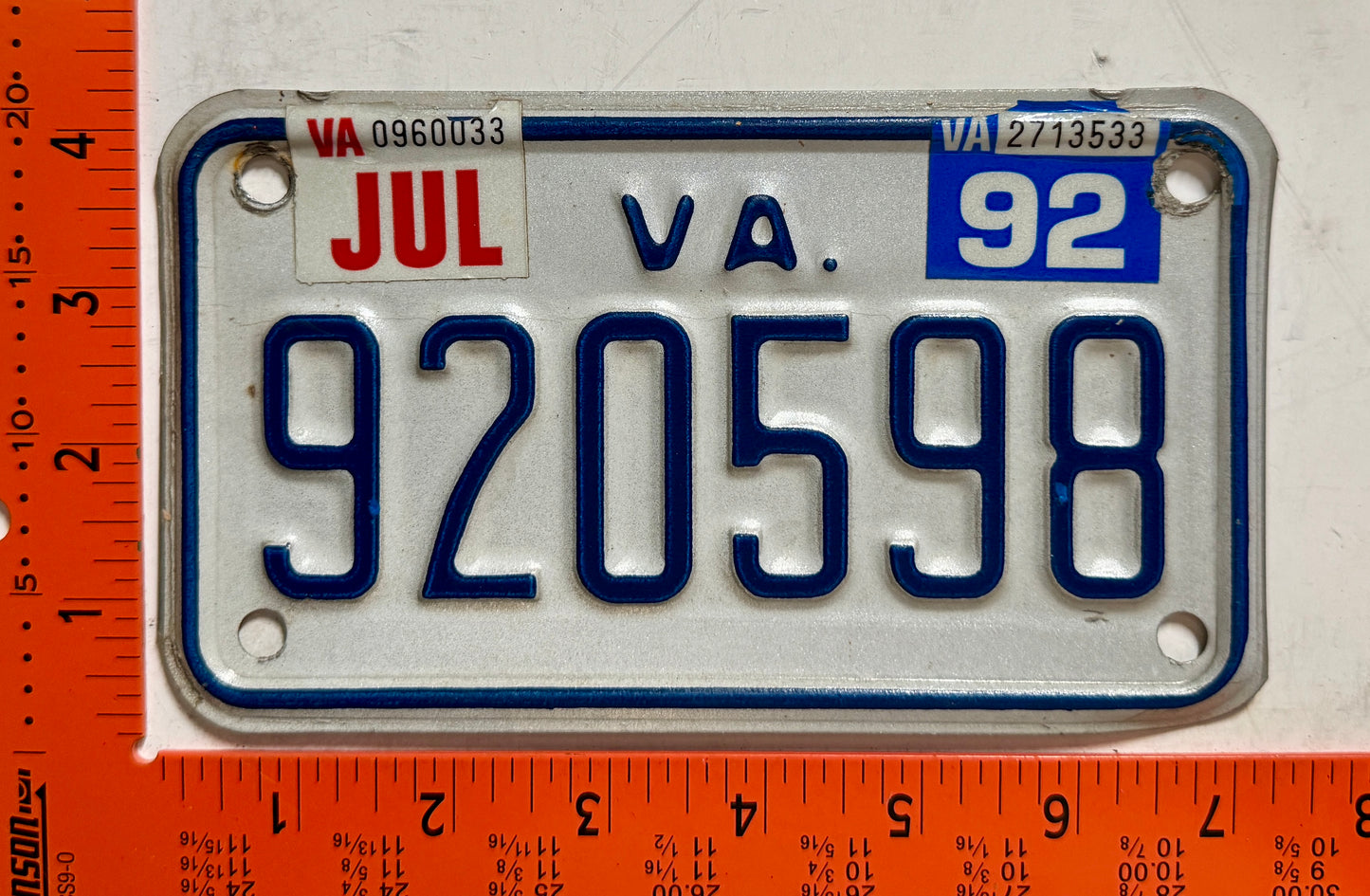 1992 Virginia #920598 Motorcycle License Plate
