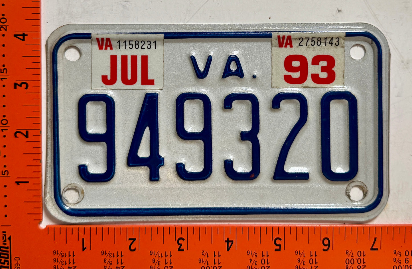 1993 Virginia #949320 Motorcycle License Plate