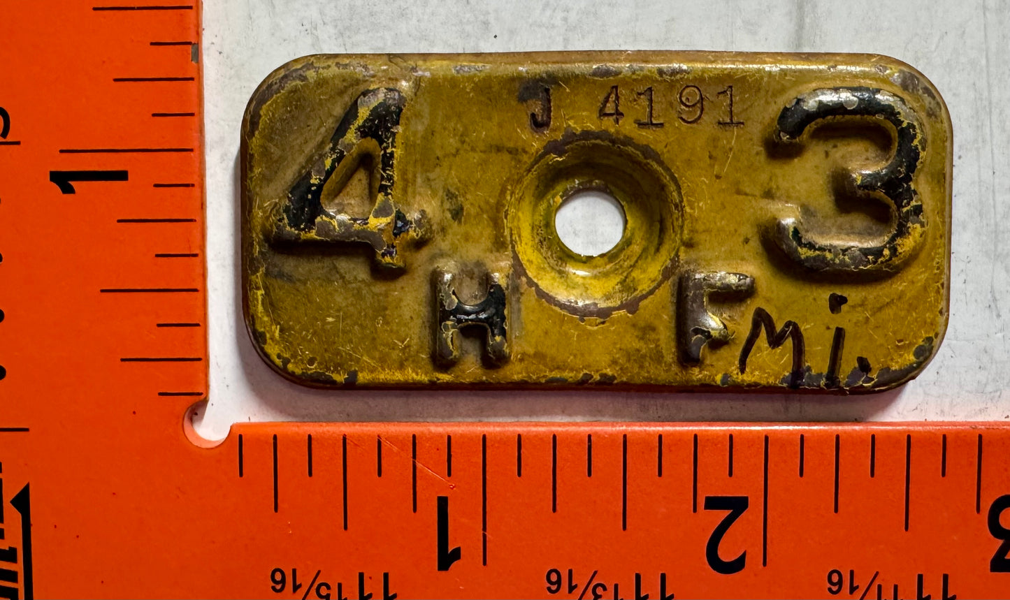 1943 Michigan #J4191 Truck License Plate Date Tab