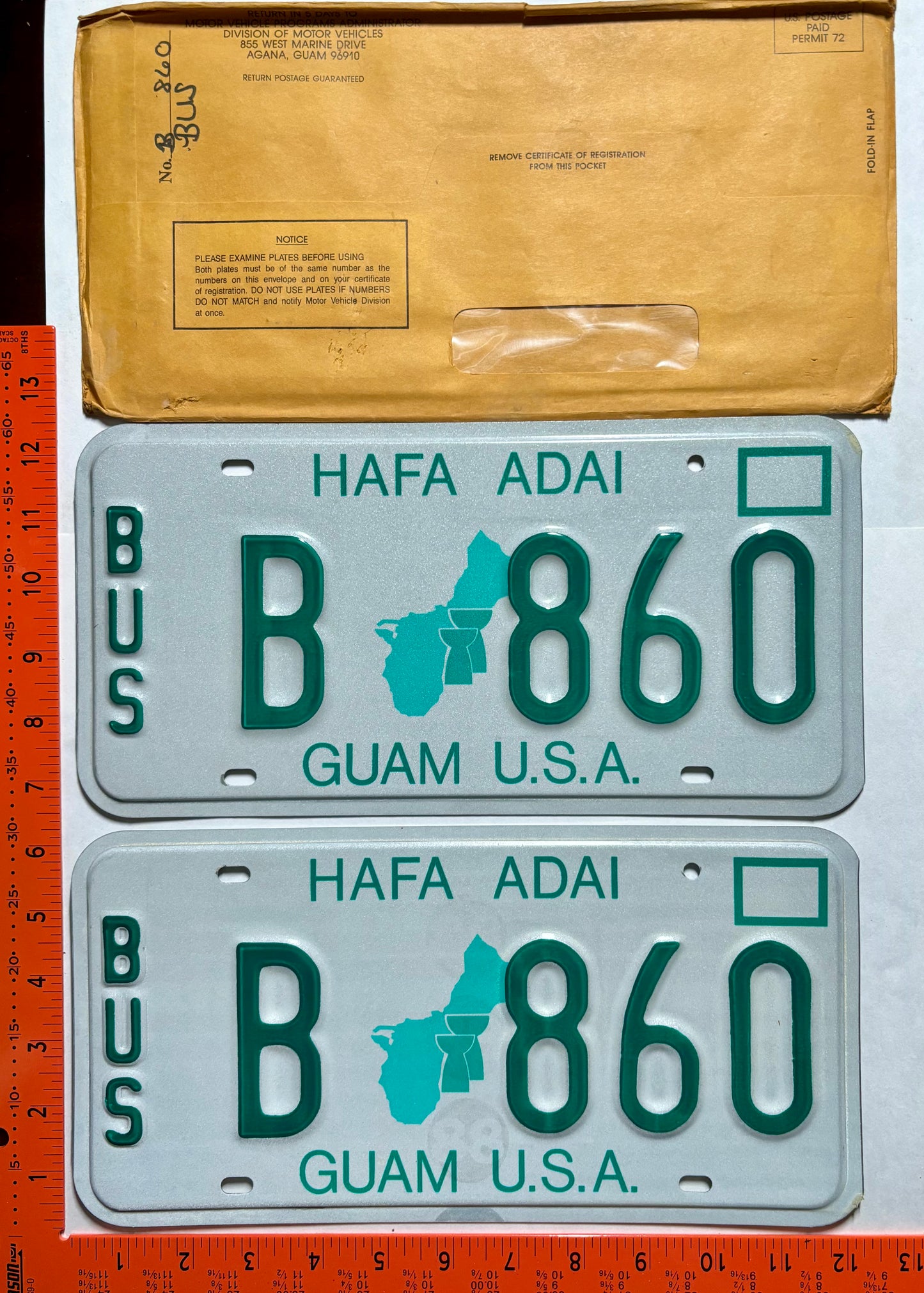 undated Guam #B 860 Bus License Plate Pair