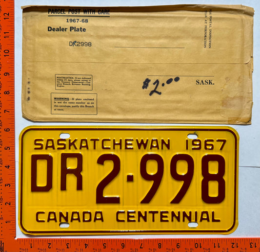 1967 Saskatchewan #DR2-998 Dealer License Plate w/original envelope