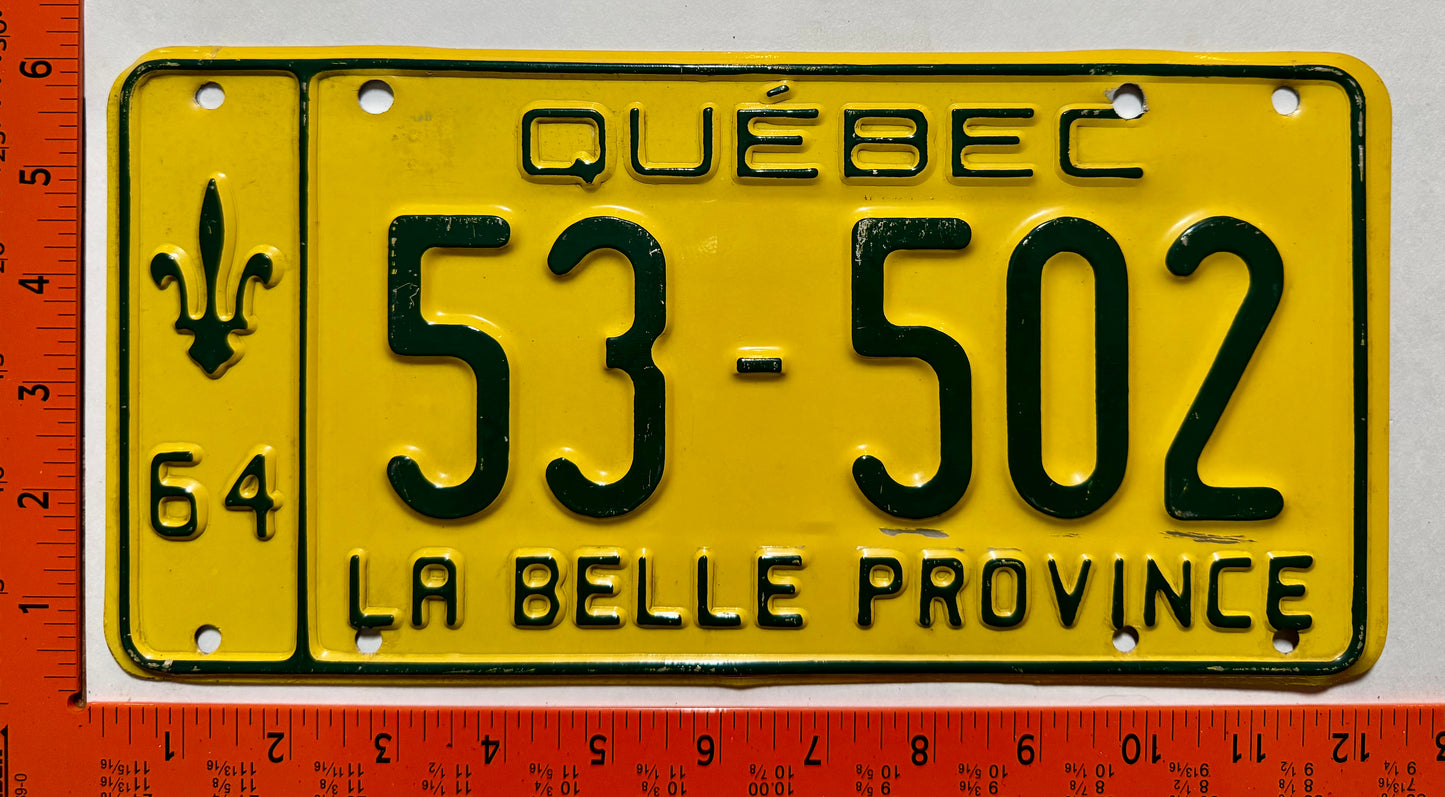 1964 Quebec #53-502 Passenger License Plate