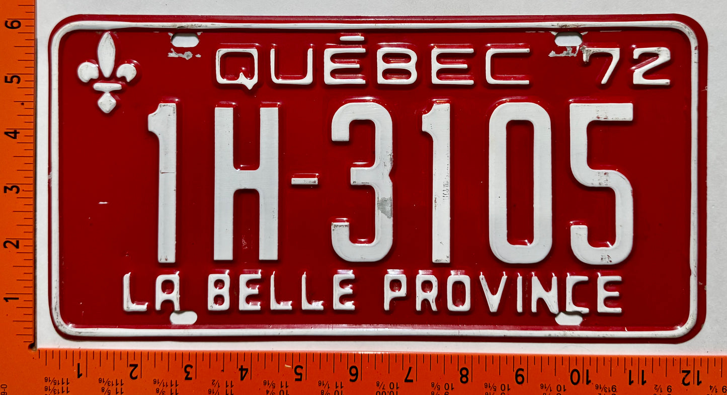 1972 Quebec #1H-3105 Passenger License Plate