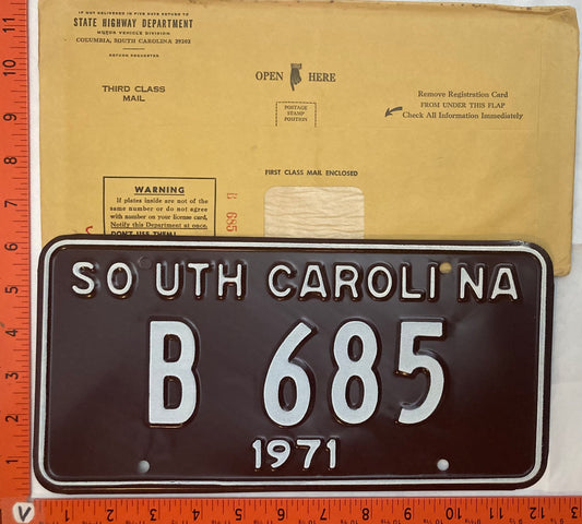 1971 South Carolina #B 685 Passenger License Plate