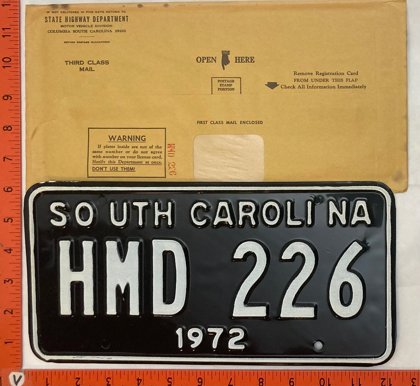 1972 South Carolina #HMD 226 Passenger License Plate