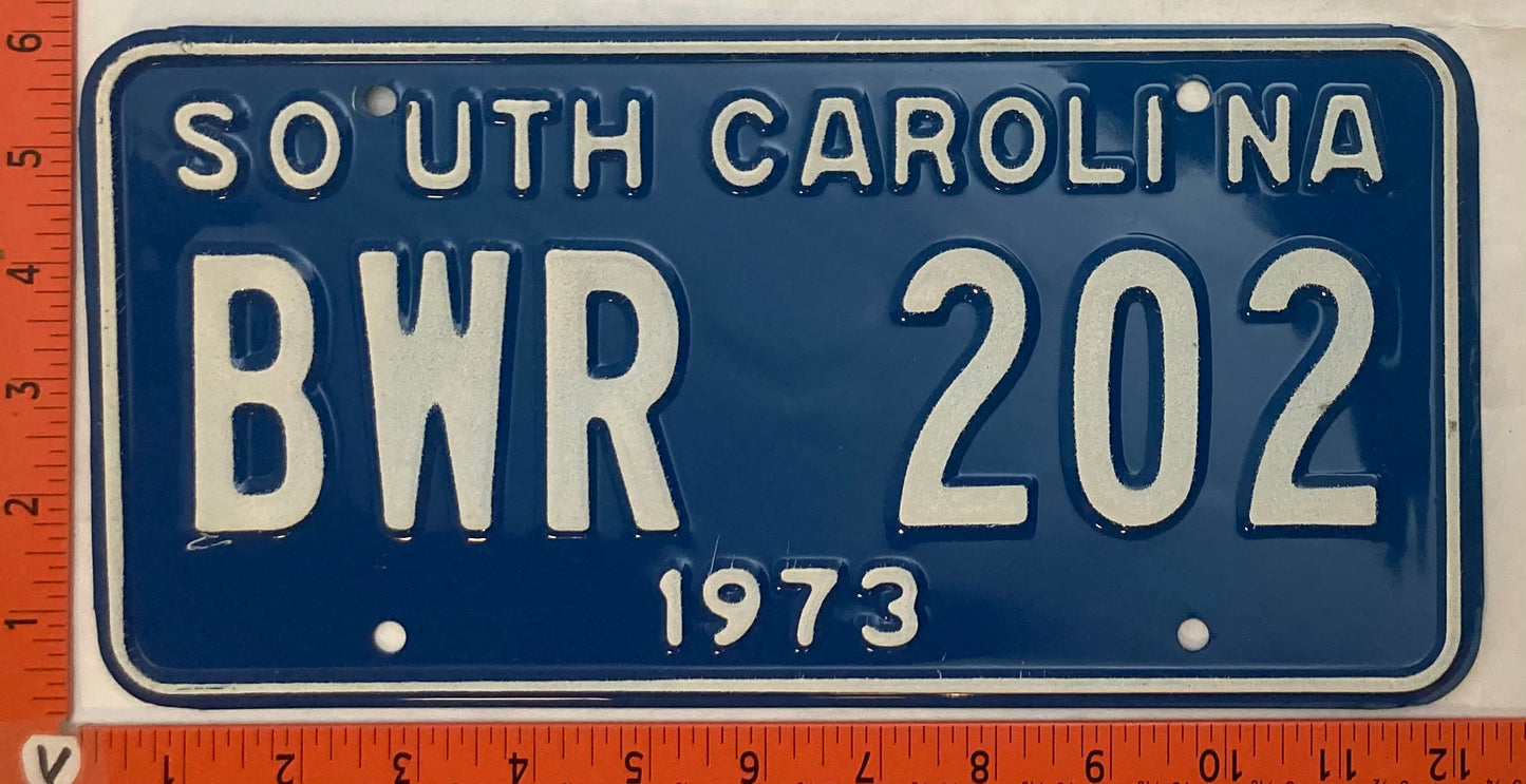 1973 South Carolina #BWR 202 Passenger License Plate
