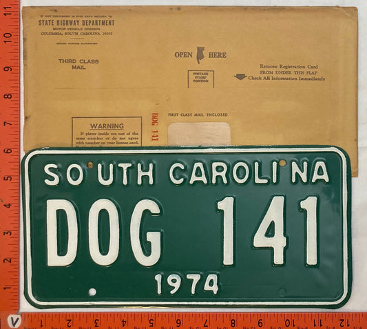 1974 South Carolina #DOG 141 Passenger License Plate