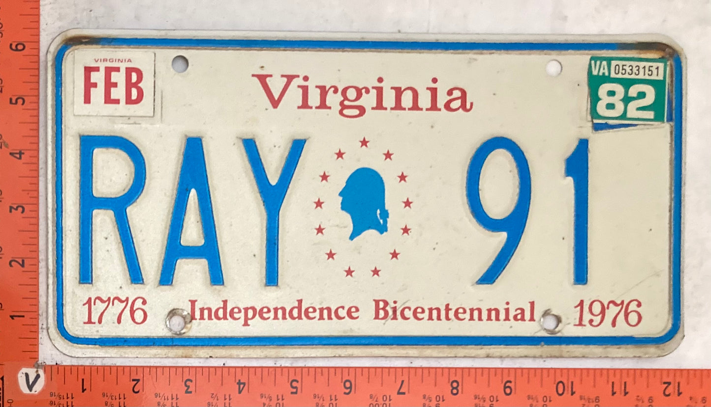 1982 Virginia #RAY 91 Passenger VANITY License Plate (Bicentennial base)