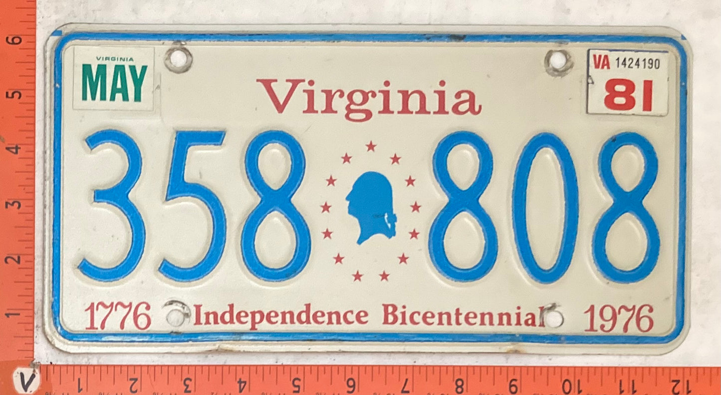 1981 Virginia #358 808 Passenger License Plate (Bicentennial base)