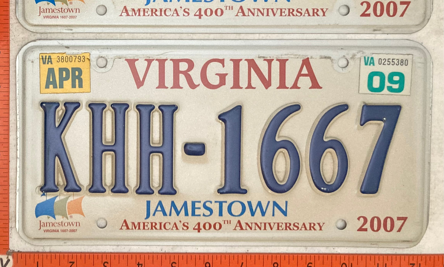 2009 Virginia #KHH-1667 Passenger License Plate Pair (Jamestown base)