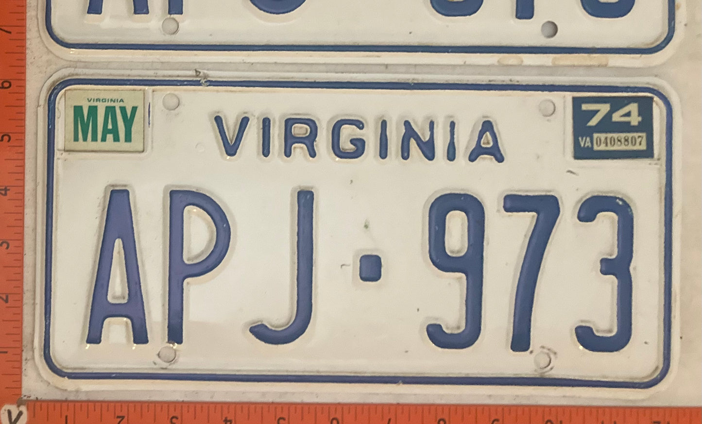 1974 Virginia #APJ-973 Passenger License Plate (Pair)