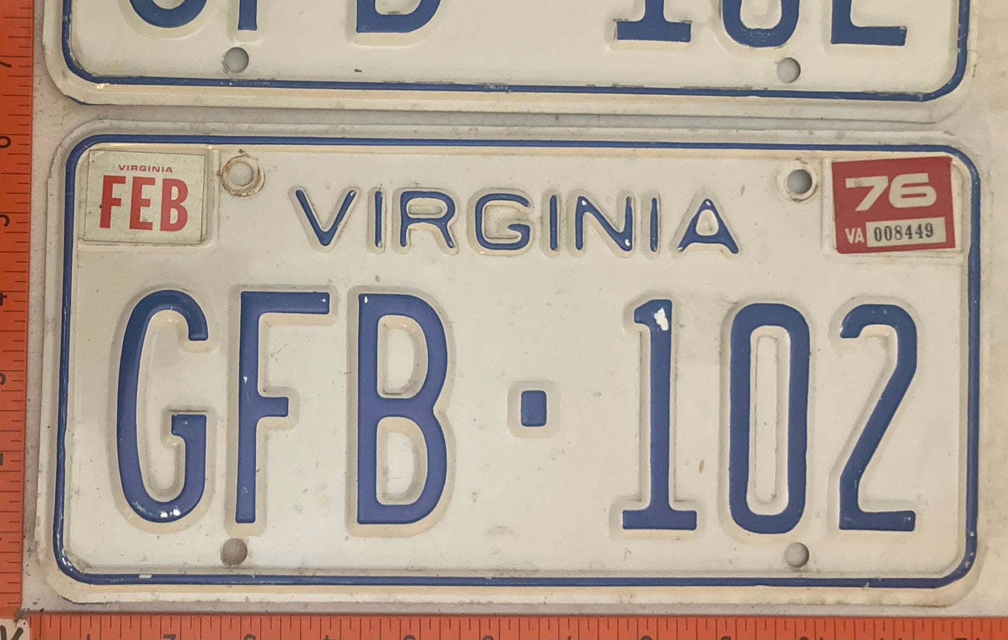 1976 Virginia #GFB-102 Passenger License Plate (Pair)