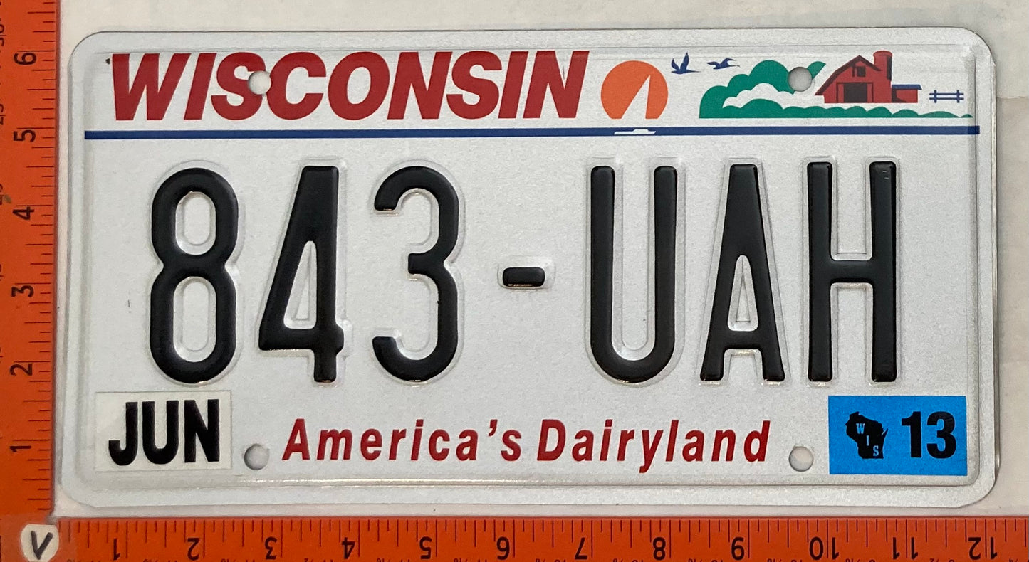 2013 Wisconsin #843-UAH Passenger License Plate