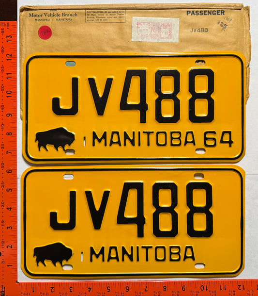 1964 Manitoba #JV488 Passenger License Plate NOS Pair