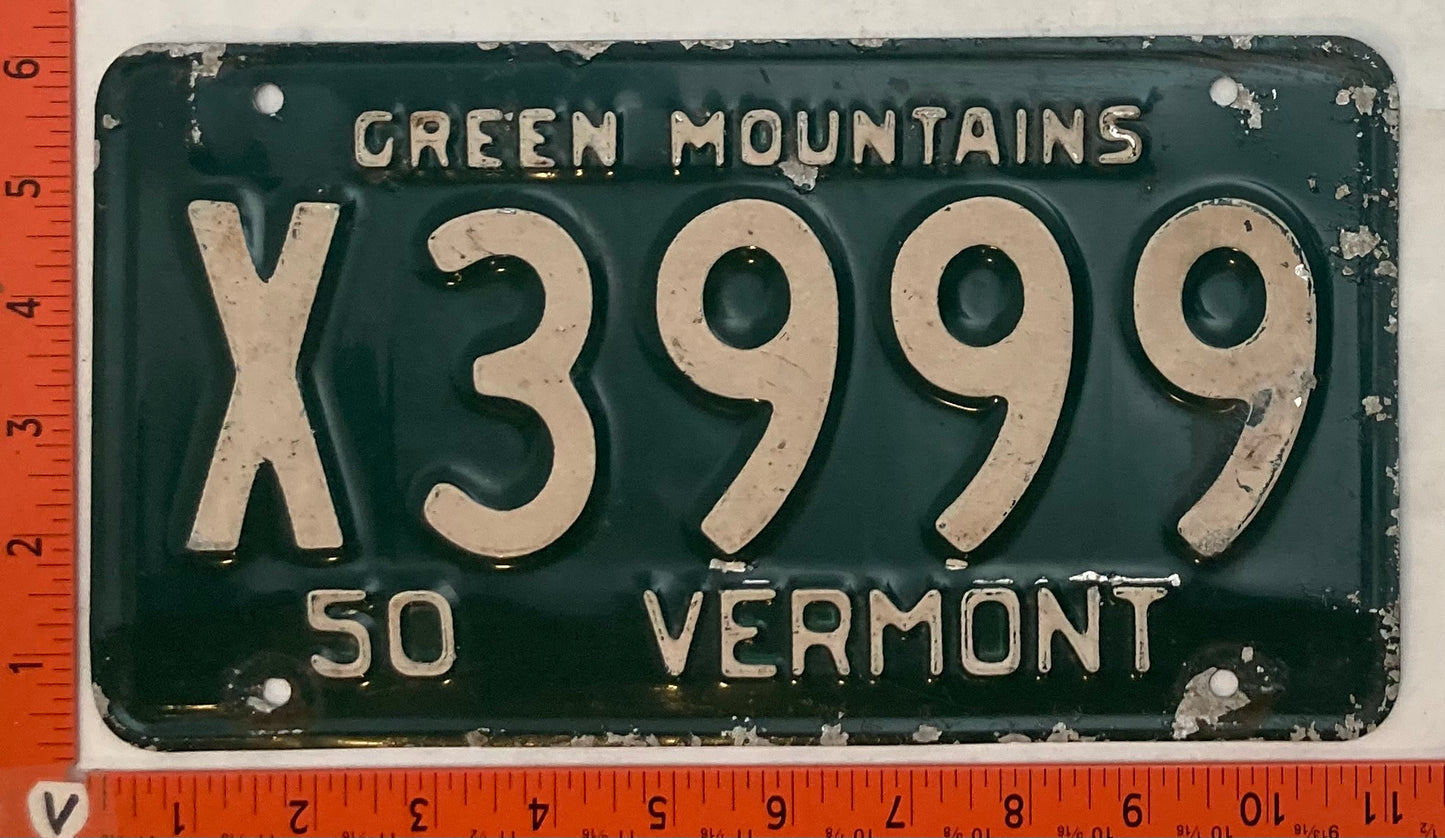 1950 Vermont #X3999 Passenger License Plate