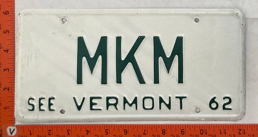 1962 Vermont #MKM Passenger License Plate (Vanity)