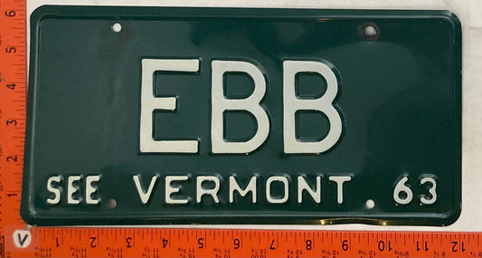 1963 Vermont #EBB Passenger License Plate (Vanity)