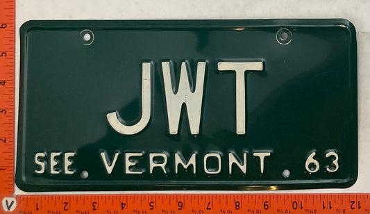 1963 Vermont #JWT Passenger License Plate (Vanity)