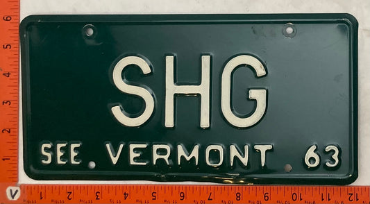1963 Vermont #SHG Passenger License Plate (Vanity)