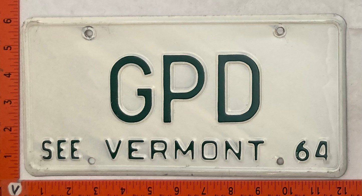 1964 Vermont #GPD Passenger License Plate (Vanity)