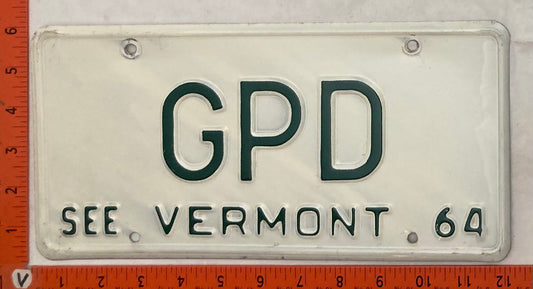 1964 Vermont #GPD Passenger License Plate (Vanity)