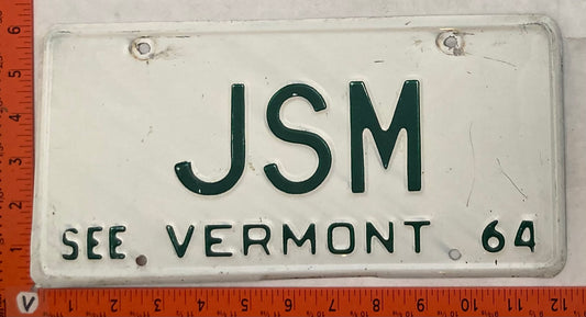 1964 Vermont #JSM Passenger License Plate (Vanity)