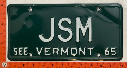 1965 Vermont #JSM Passenger License Plate (Vanity)