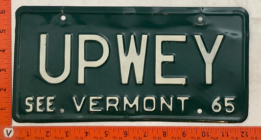 1965 Vermont #UPWEY Passenger License Plate (Vanity)