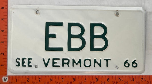 1966 Vermont #EBB Passenger License Plate (Vanity)
