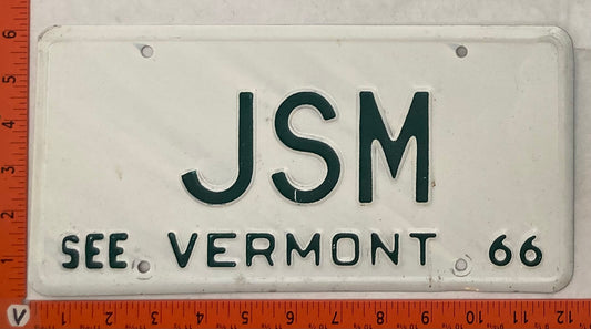 1966 Vermont #JSM Passenger License Plate (Vanity)