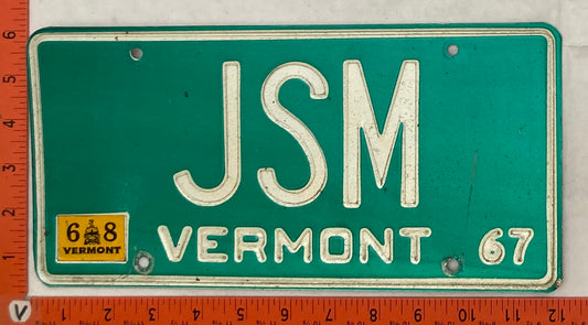 1968 Vermont #JSM Passenger License Plate (Vanity)