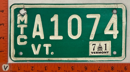 1971 Vermont #A1074 Motorcycle License Plate