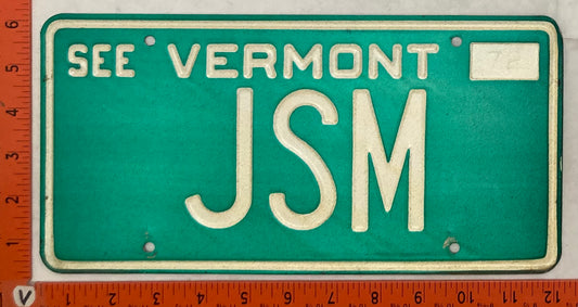 1972 Vermont #JSM Passenger License Plate (Vanity)