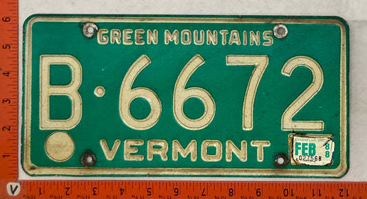 1988 Vermont #B-6672 Passenger License Plate