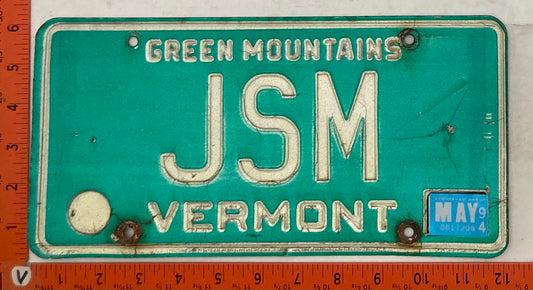 1994 Vermont #JSM Passenger License Plate (Vanity)