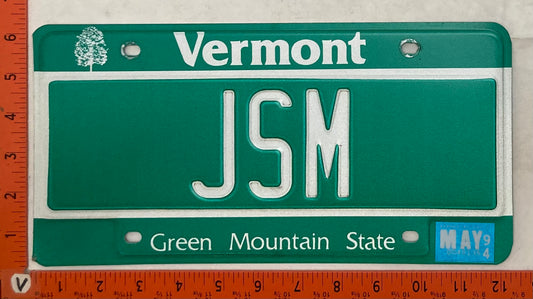 1994 Vermont #JSM Passenger License Plate (Vanity)