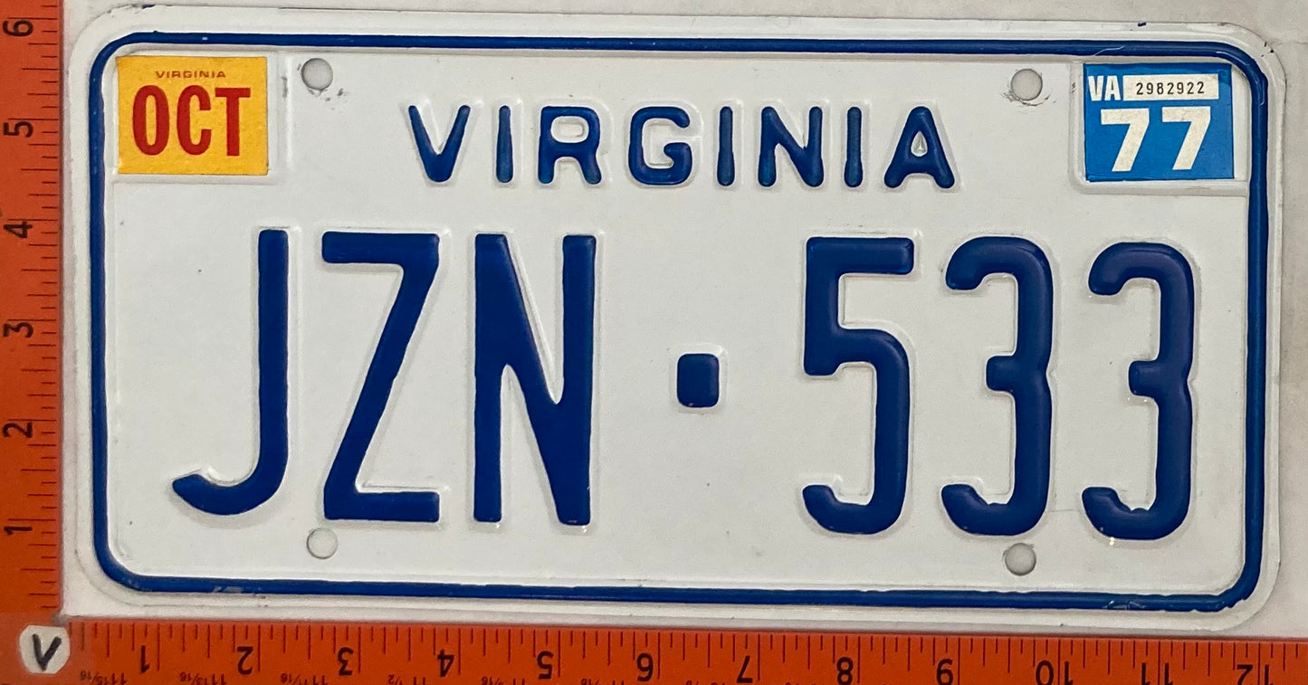 1977 Virginia #JZN-533 Passenger License Plate