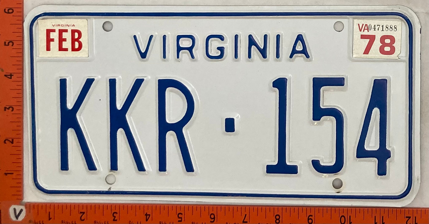 1978 Virginia #KKR-154 Passenger License Plate