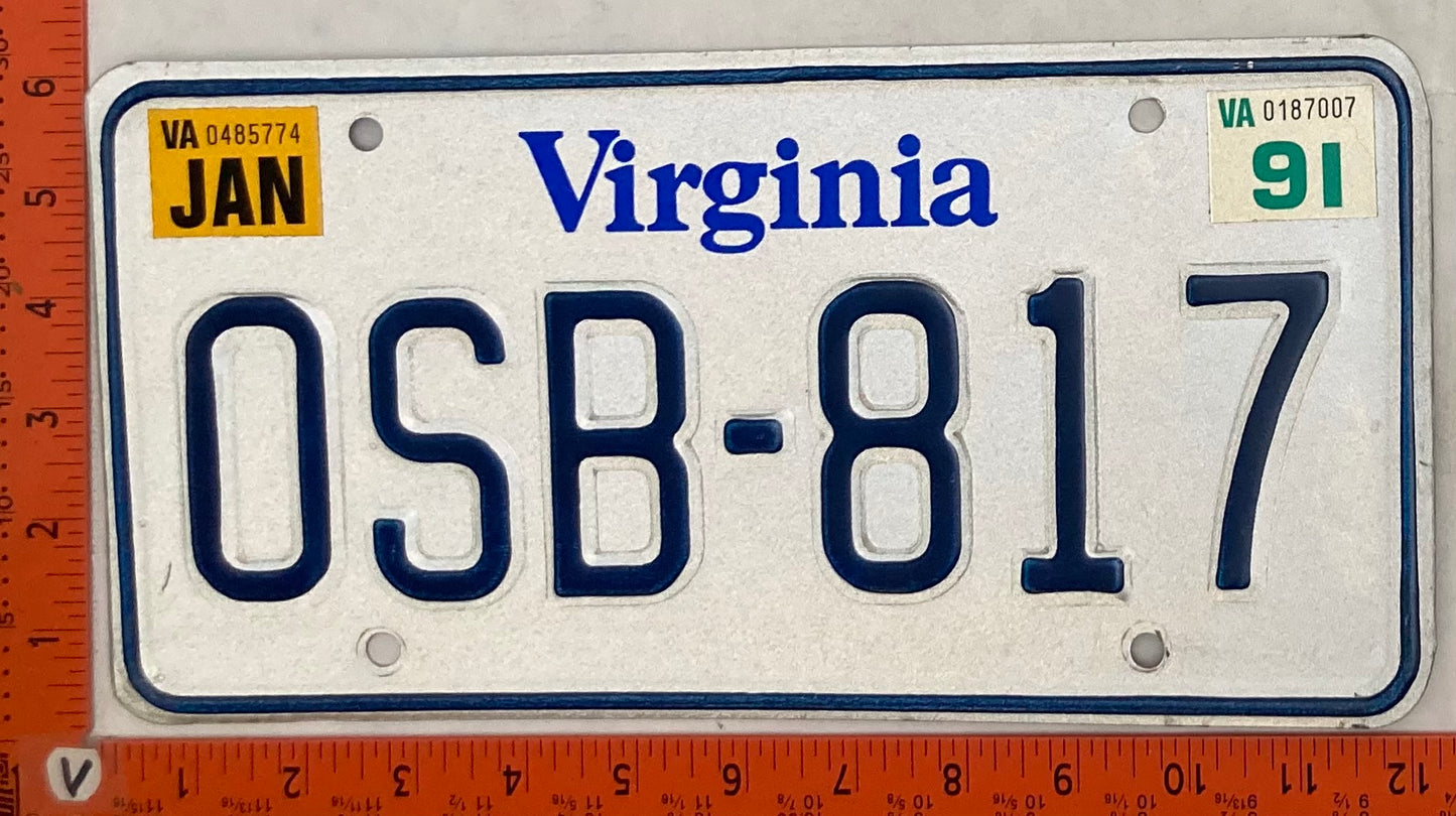 1991 Virginia #OSB-817 Passenger License Plate
