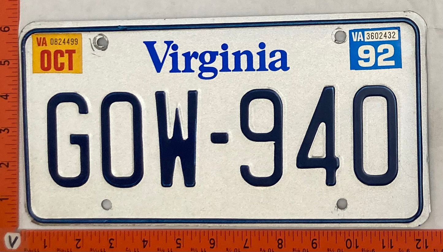 1992 Virginia #GOW-940 Passenger License Plate