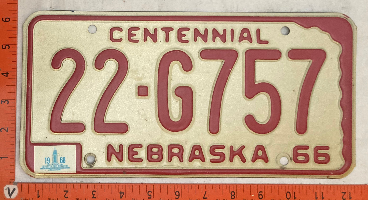 1968 Nebraska #22-G757 Passenger License Plate