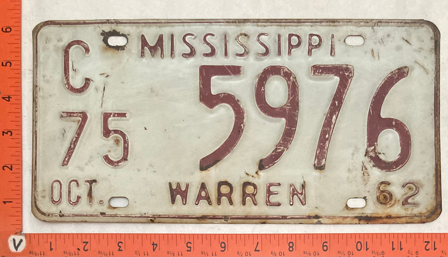1962 Mississippi #C/75 5976 Passenger License Plate
