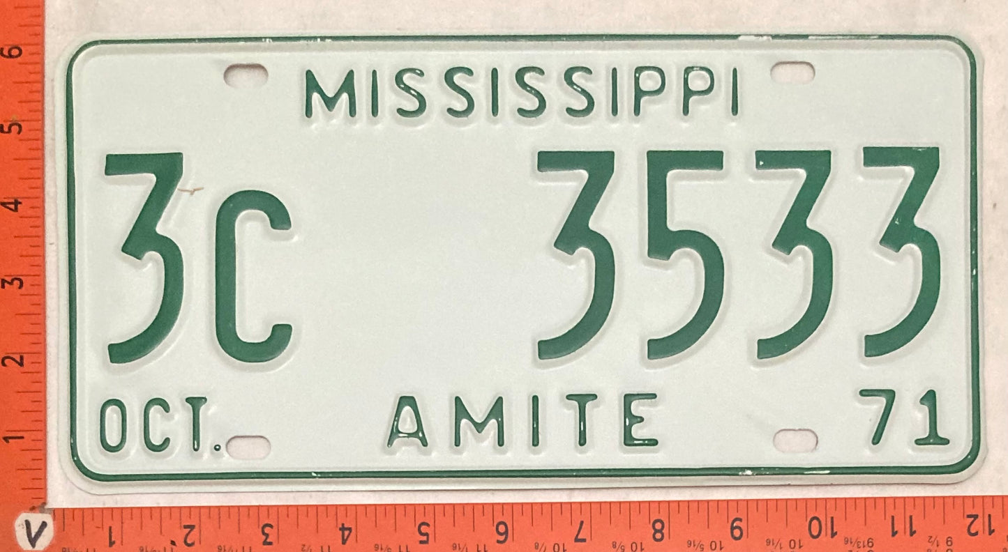 1971 Mississippi #3C 3533 Passenger License Plate