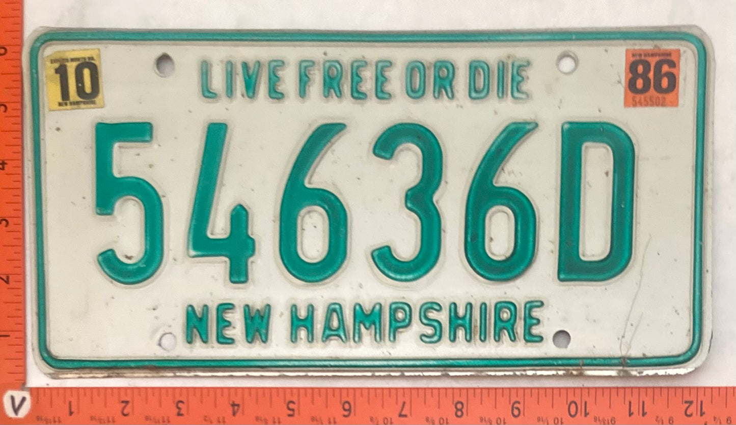 1986 New Hampshire #54636D Passenger License Plate