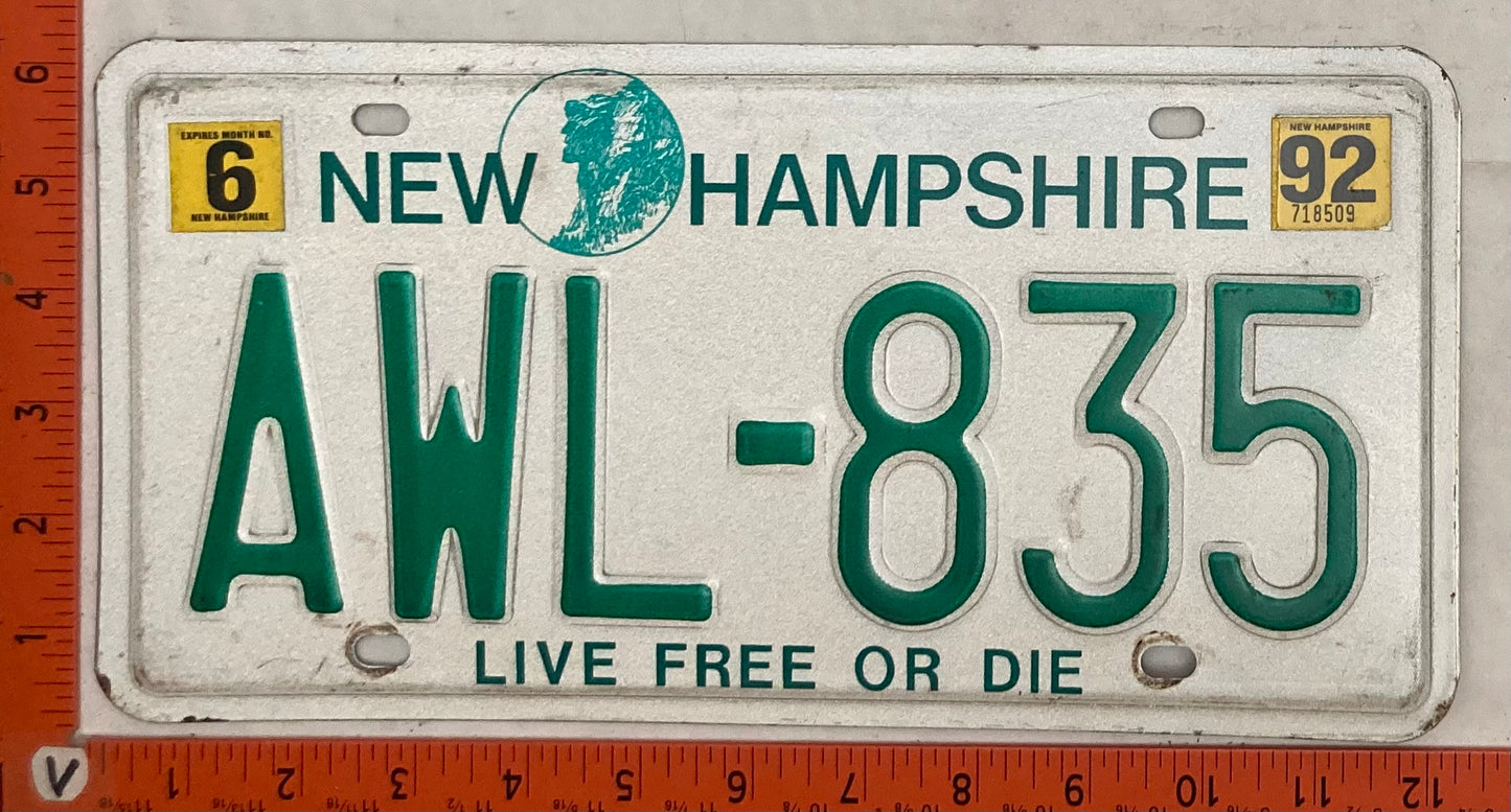 1992 New Hampshire #AWL-835 Passenger License Plate