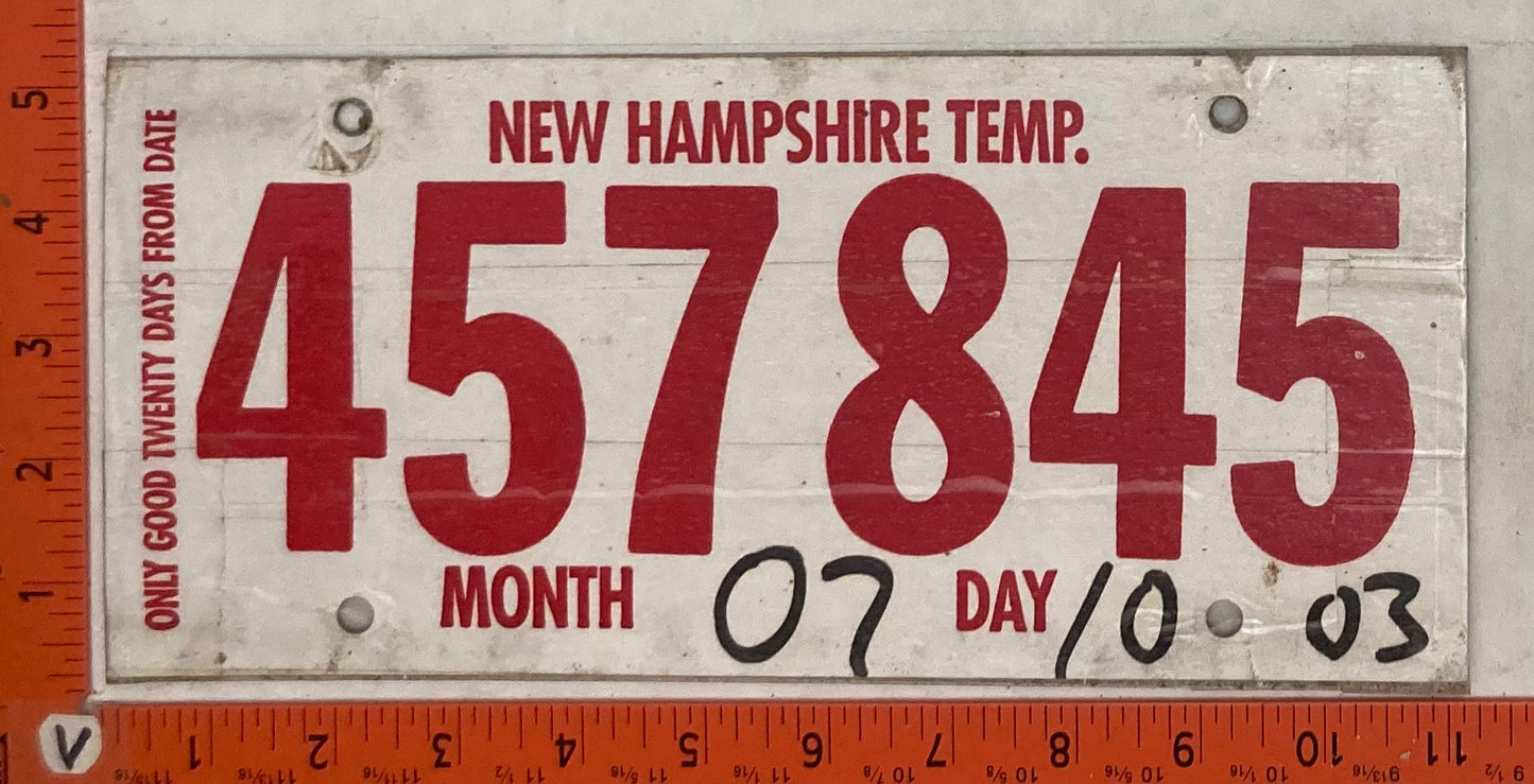 2003 New Hampshire #457845 Temporary Passenger License Plate