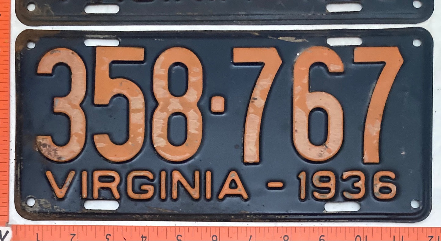 1936 Virginia #358-767 Passenger License Plate (Pair)