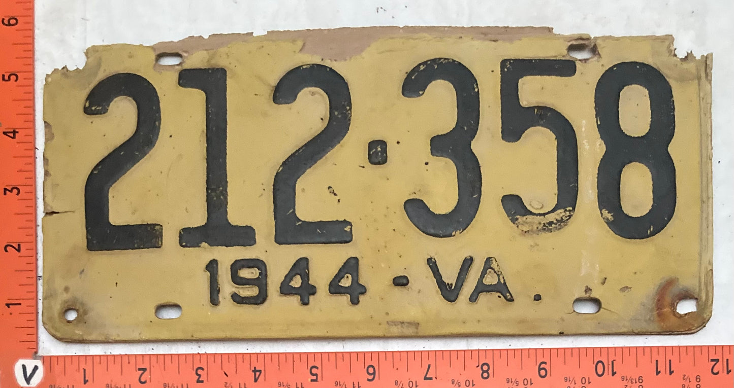 1944 Virginia #212-358 Passenger License Plate